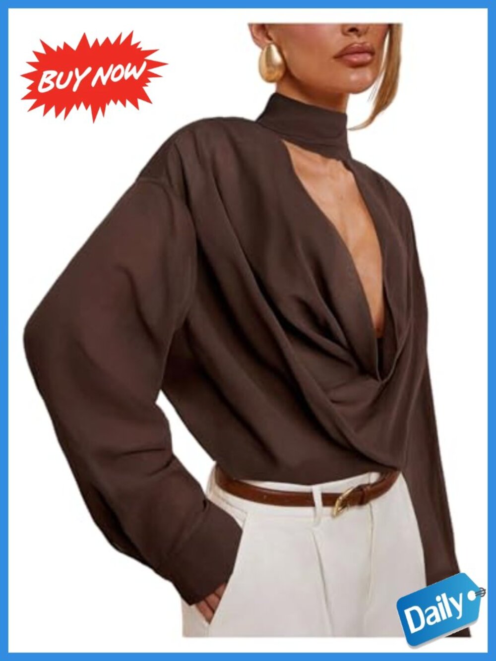 Sheer Cowl Neck Long Sleeve Draped Blouse with Scarf